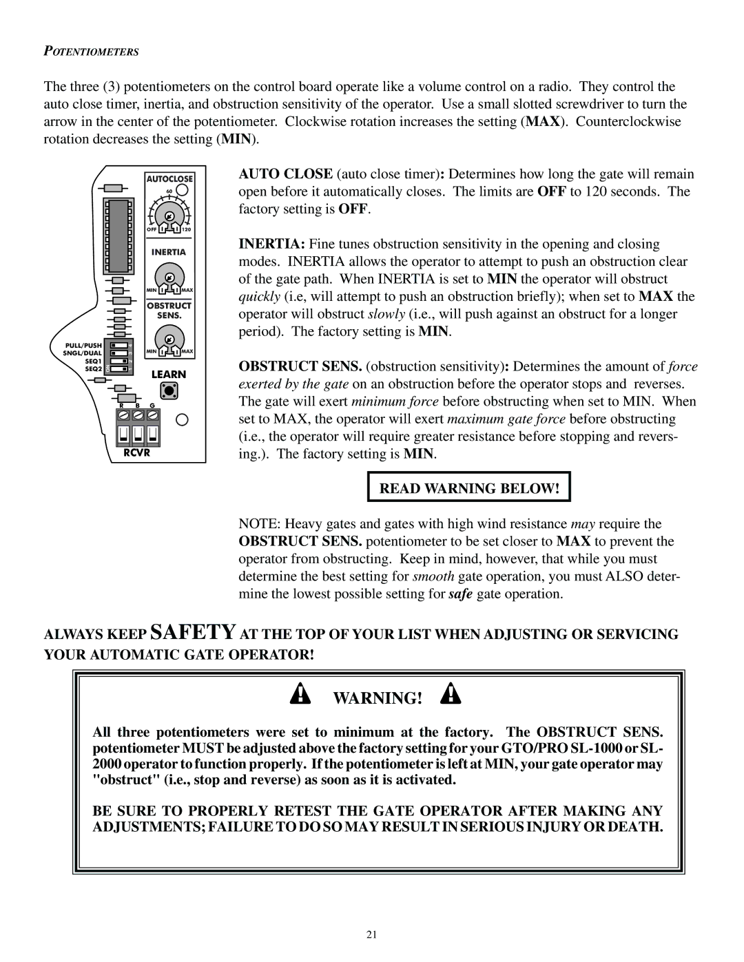 GTO SL-2000, SL-1000 installation manual Potentiometers 