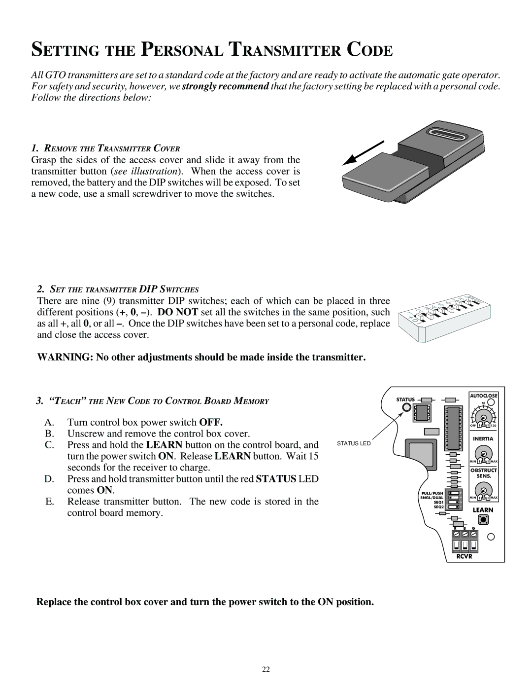 GTO SL-1000, SL-2000 installation manual Setting the Personal Transmitter Code 