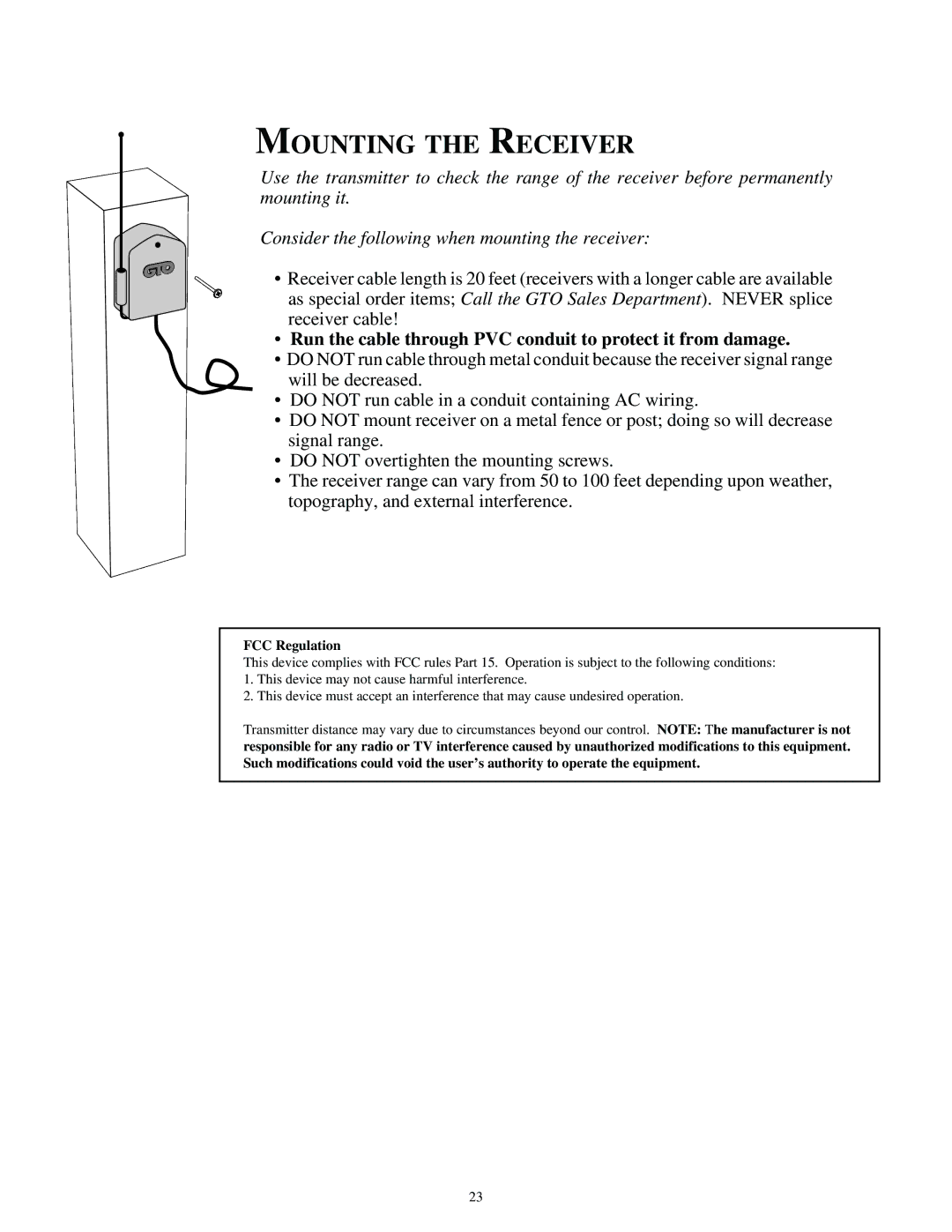 GTO SL-2000, SL-1000 installation manual Mounting the Receiver, FCC Regulation 