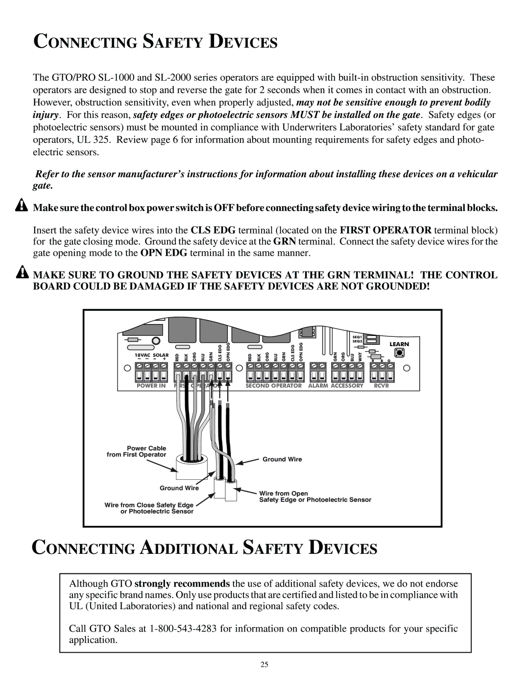 GTO SL-2000, SL-1000 installation manual Connecting Safety Devices, Connecting Additional Safety Devices 