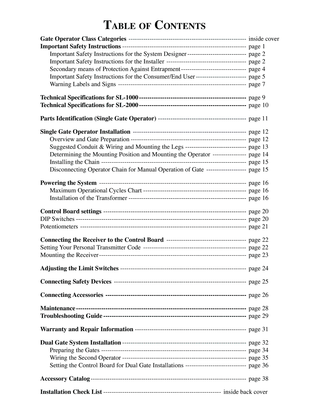 GTO SL-1000, SL-2000 installation manual Table of Contents 