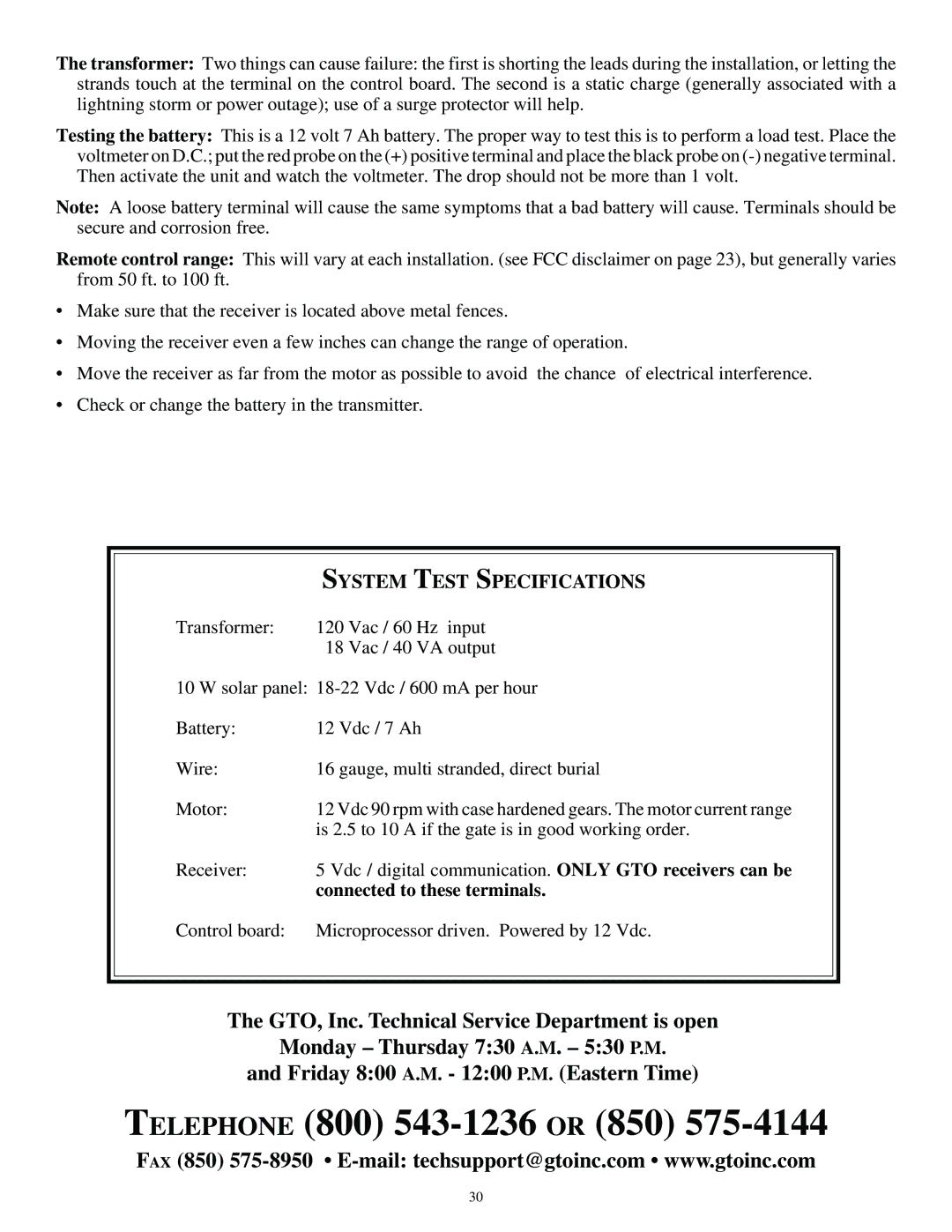 GTO SL-1000, SL-2000 installation manual System Test Specifications, Connected to these terminals 