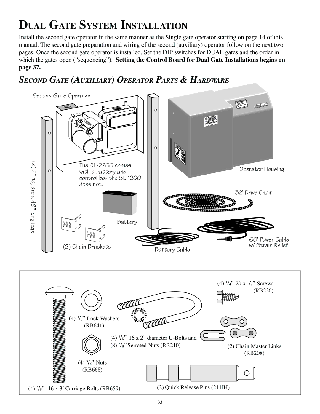 GTO SL-2000, SL-1000 installation manual Dual Gate System Installation, Second Gate Auxiliary Operator Parts & Hardware 