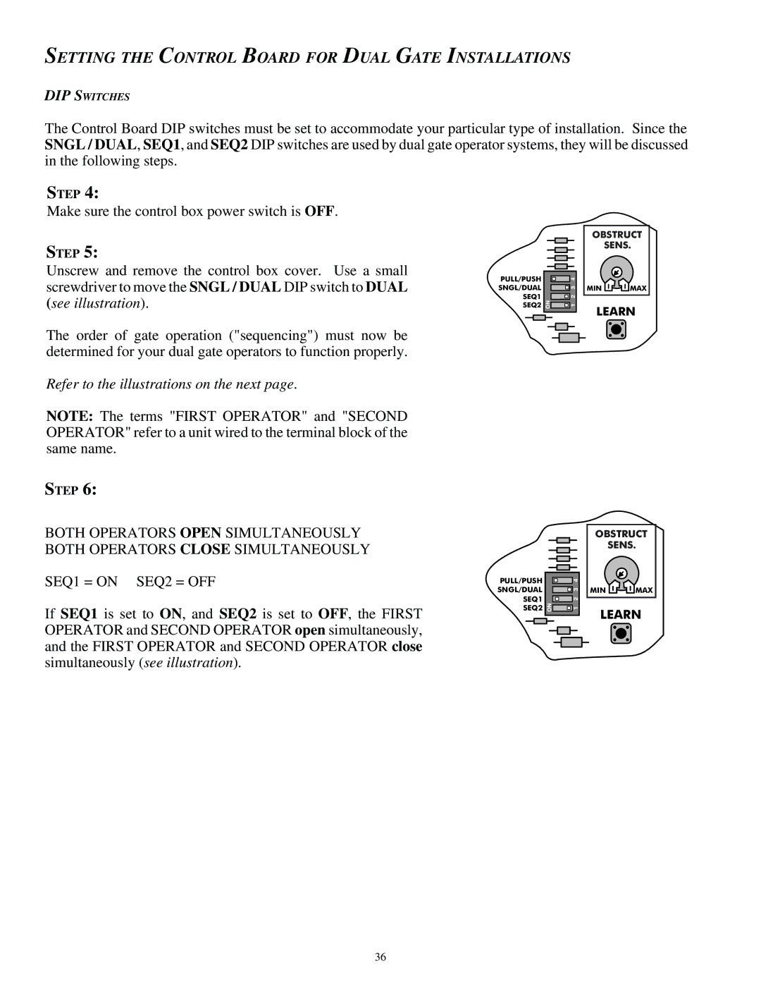 GTO SL-1000, SL-2000 Setting the Control Board for Dual Gate Installations, Refer to the illustrations on the next 