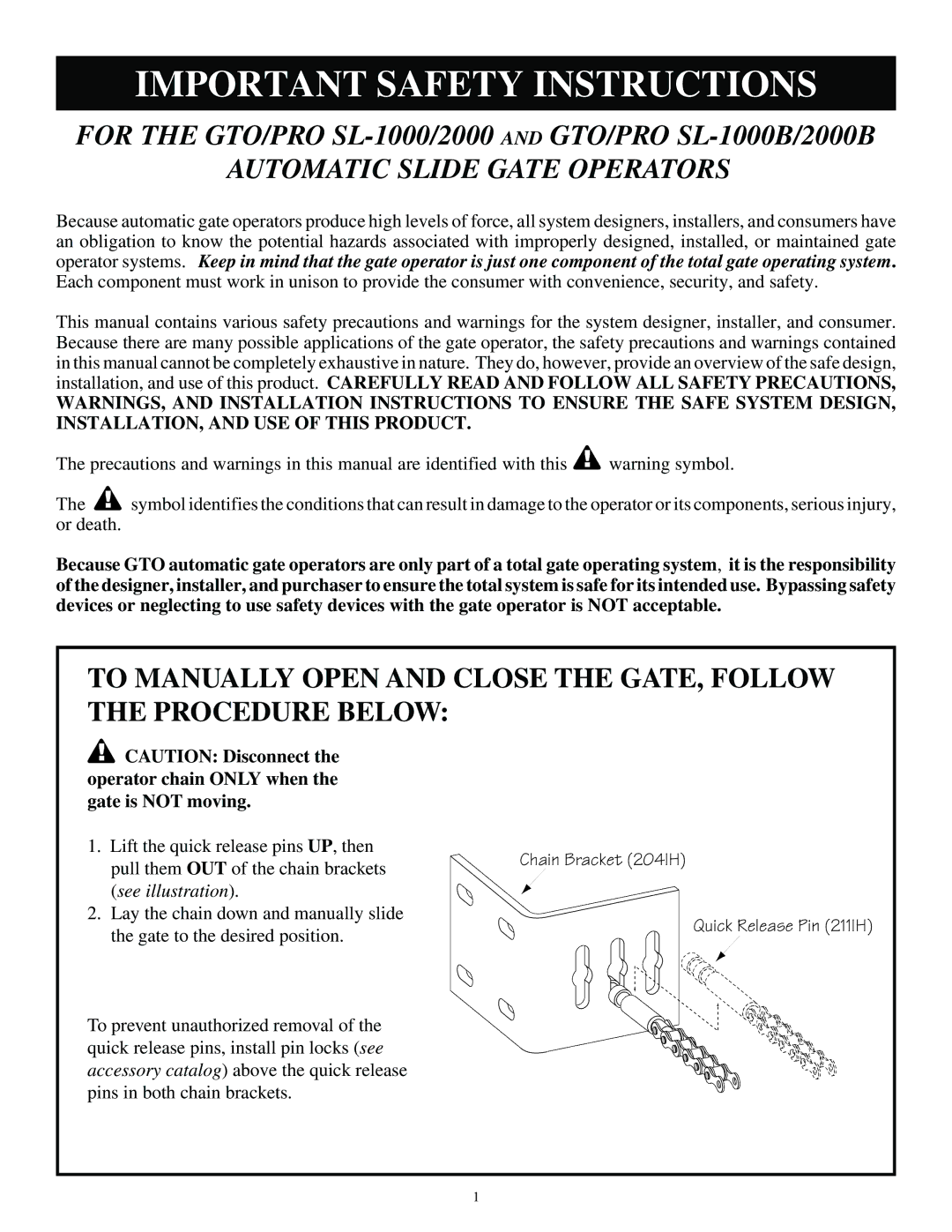 GTO SL-2000, SL-1000 installation manual Important Safety Instructions 