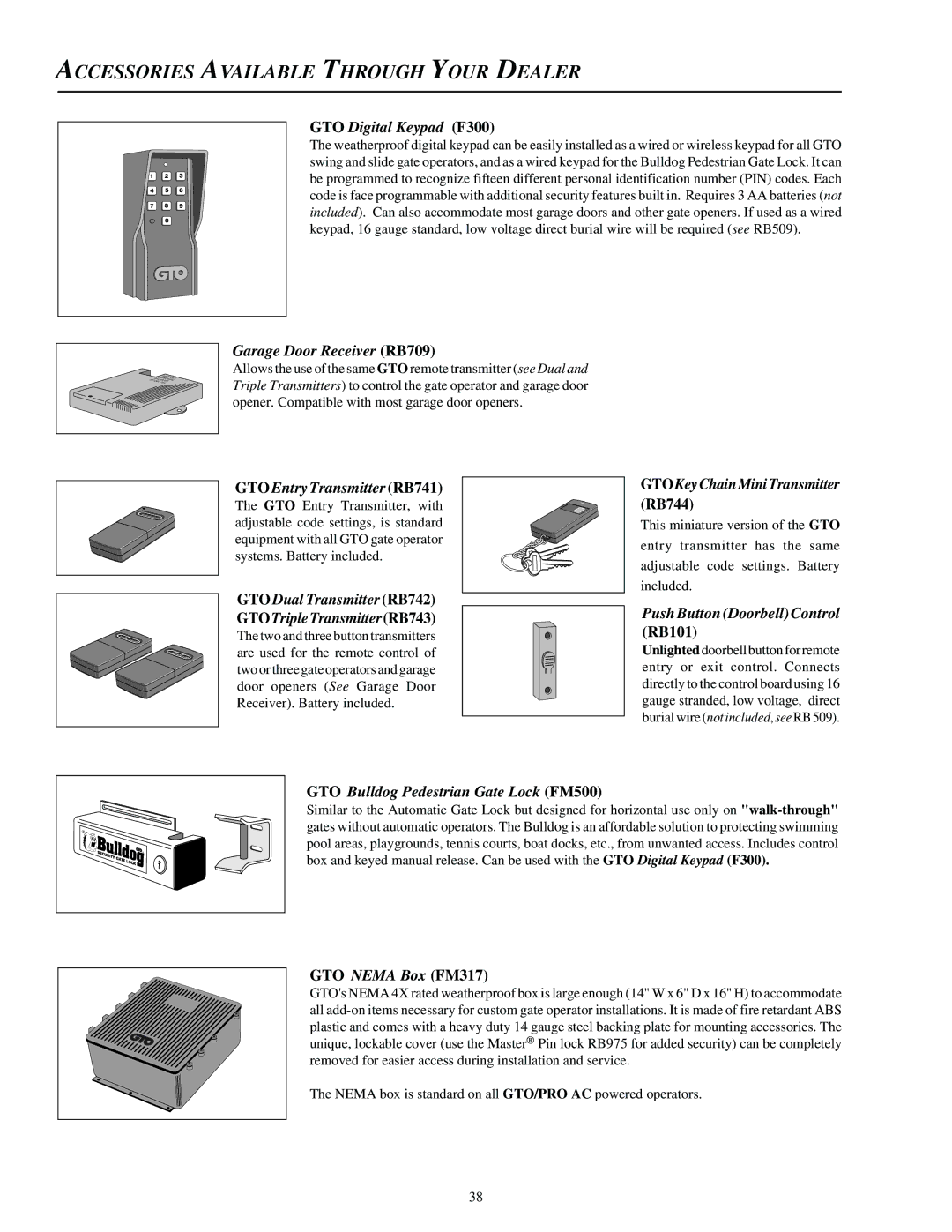 GTO SL-1000, SL-2000 installation manual Accessories Available Through Your Dealer, GTO Digital Keypad F300 