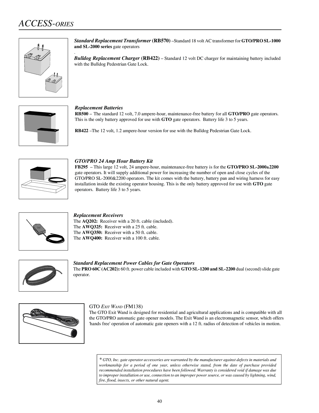 GTO SL-1000, SL-2000 installation manual Replacement Batteries 