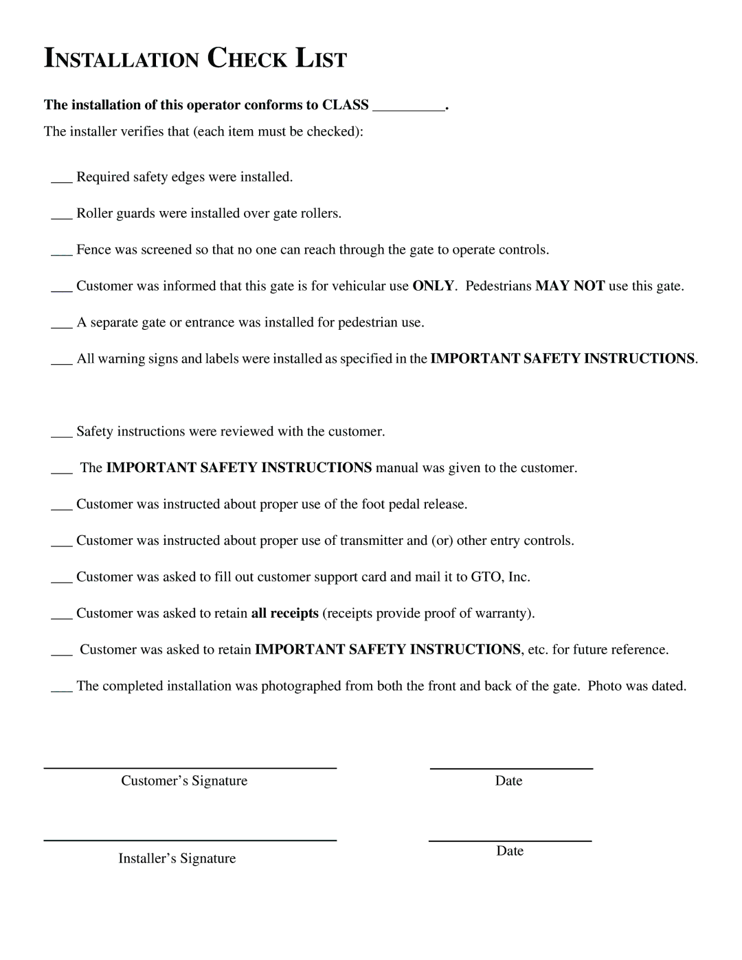 GTO SL-2000, SL-1000 installation manual Installation Check List, Installation of this operator conforms to Class 