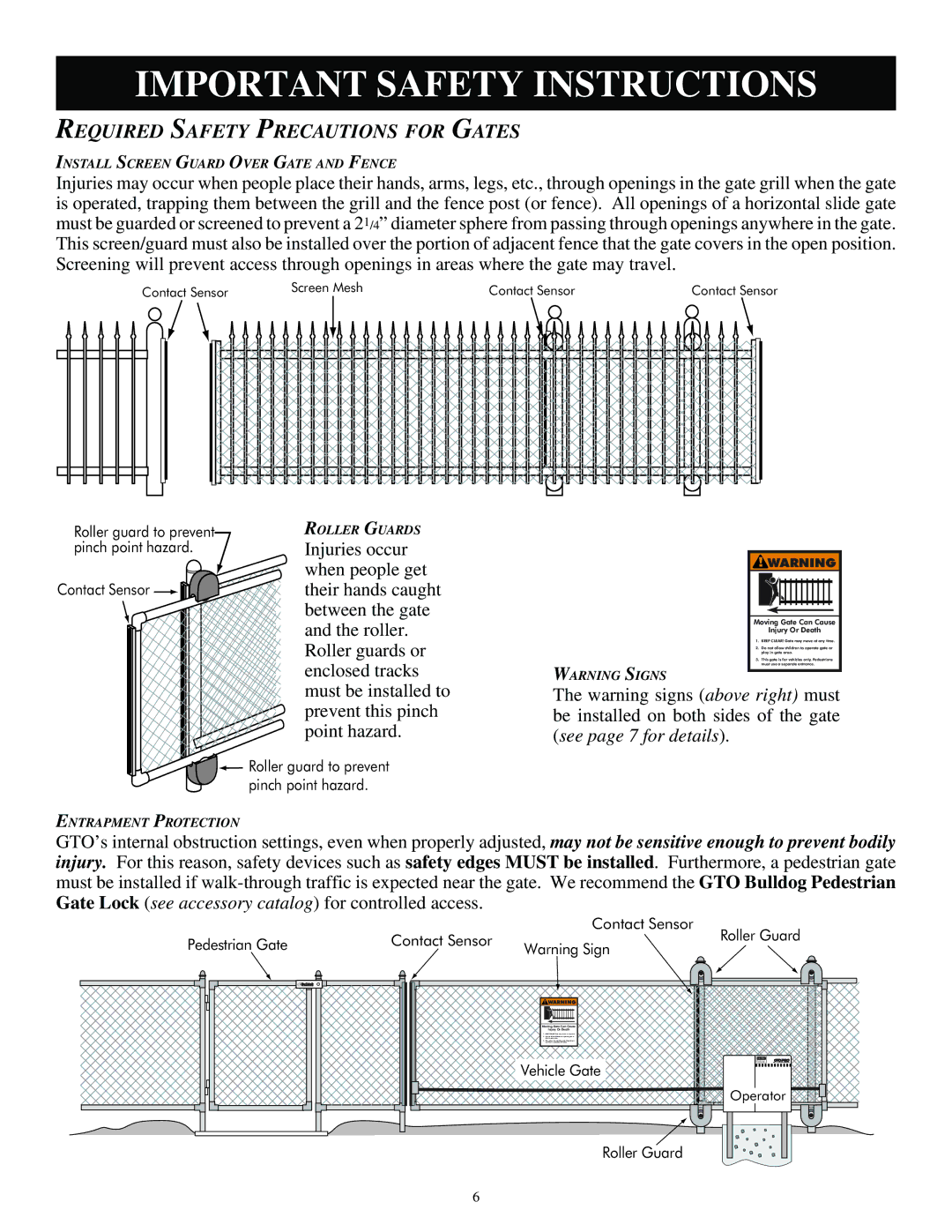 GTO SL-1000, SL-2000 installation manual Required Safety Precautions for Gates, Point hazard 