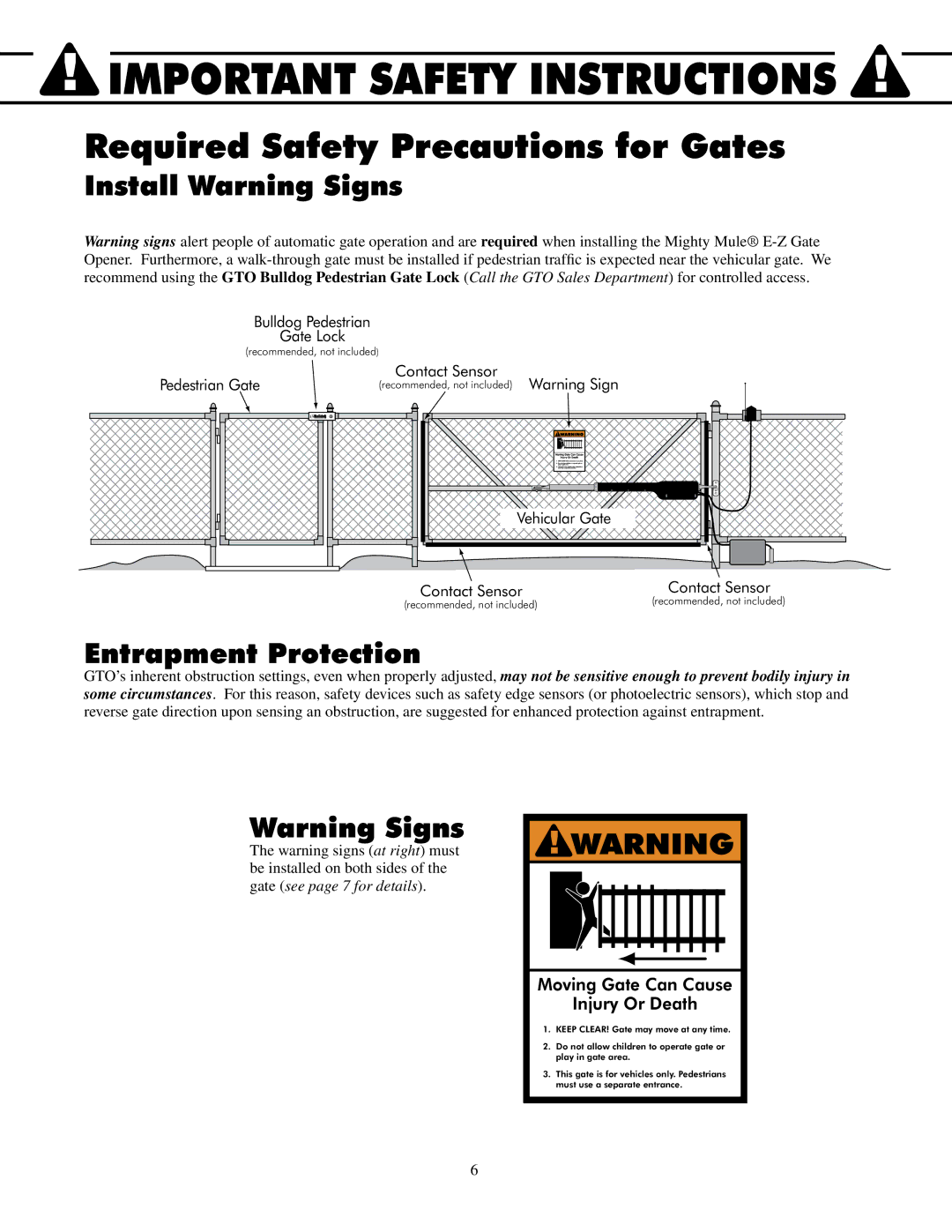 GTO UL325 SERIES installation manual Required Safety Precautions for Gates, Install Warning Signs, Entrapment Protection 