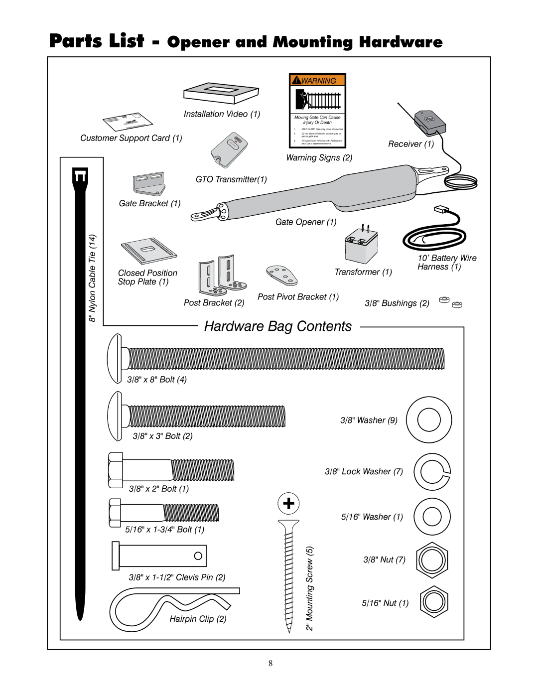 GTO UL325 SERIES installation manual Hardware Bag Contents 