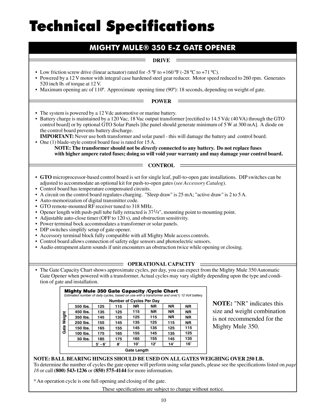 GTO UL325 SERIES installation manual Technical Specifications, Mighty Mule 350 E-Z Gate Opener 