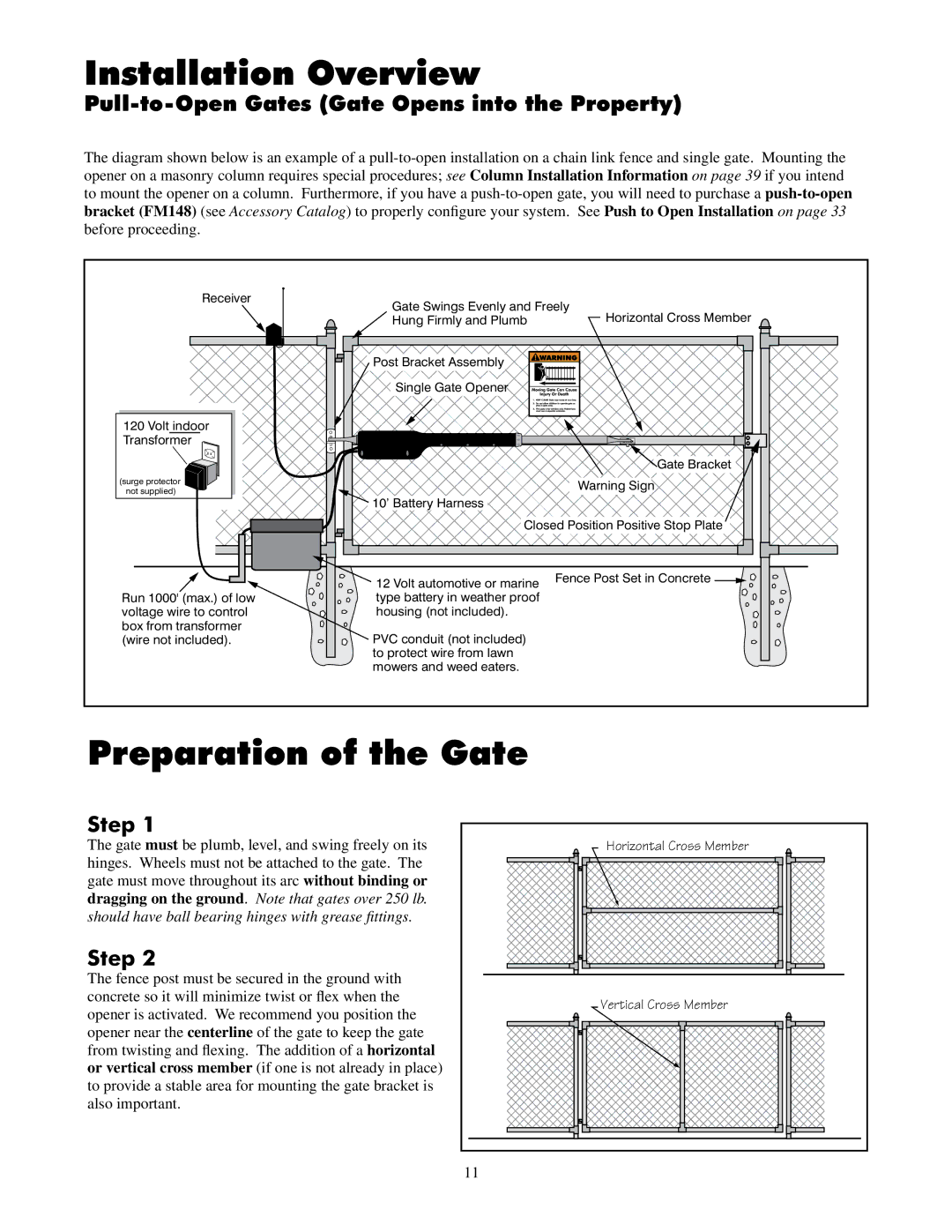 GTO UL325 SERIES Installation Overview, Preparation of the Gate, Pull-to-Open Gates Gate Opens into the Property, Step 