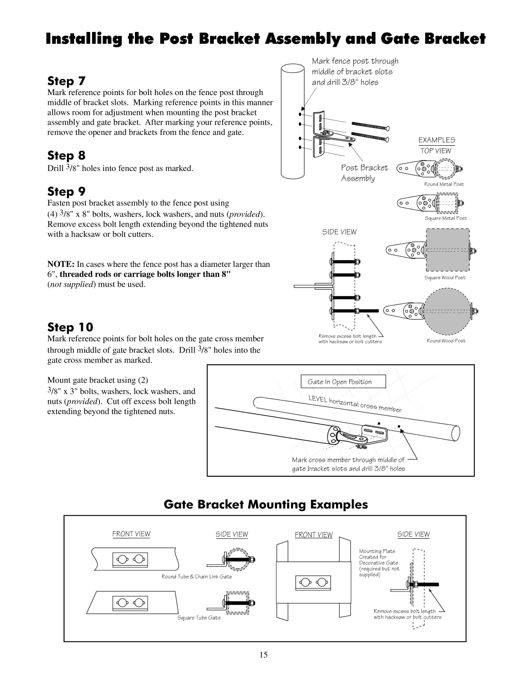 GTO UL325 SERIES installation manual Installing the Post Bracket Assembly and Gate Bracket, Gate Bracket Mounting Examples 