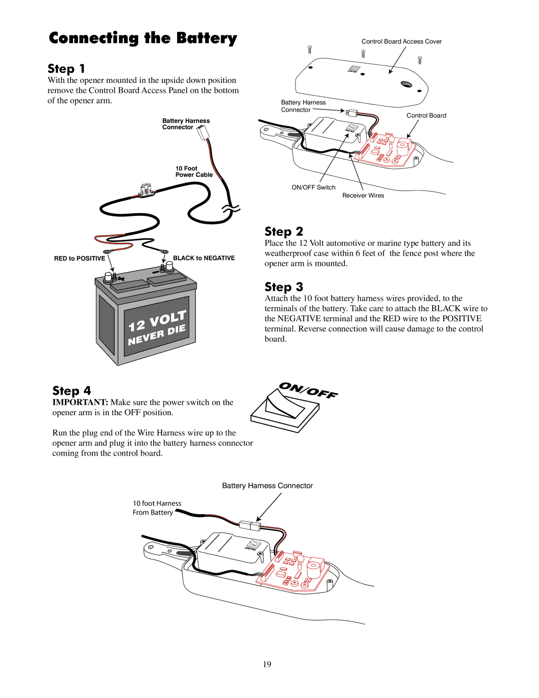 GTO UL325 SERIES installation manual Connecting the Battery, Step 