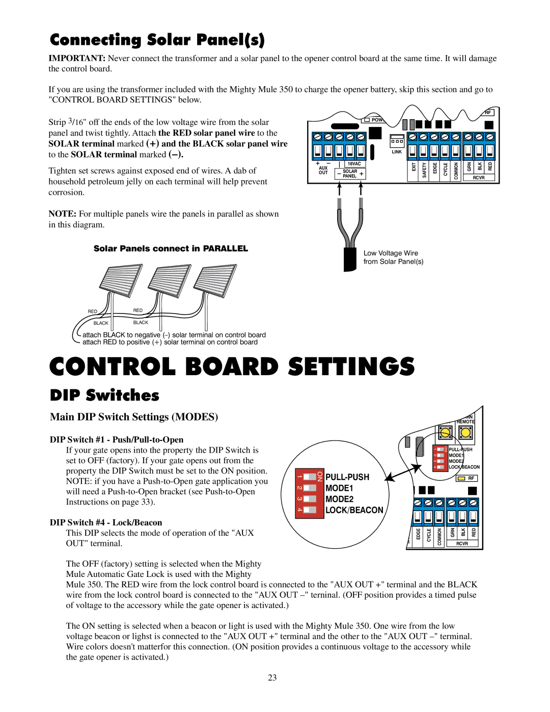 GTO UL325 SERIES Connecting Solar Panels, DIP Switches, Main DIP Switch Settings Modes, DIP Switch #1 Push/Pull-to-Open 