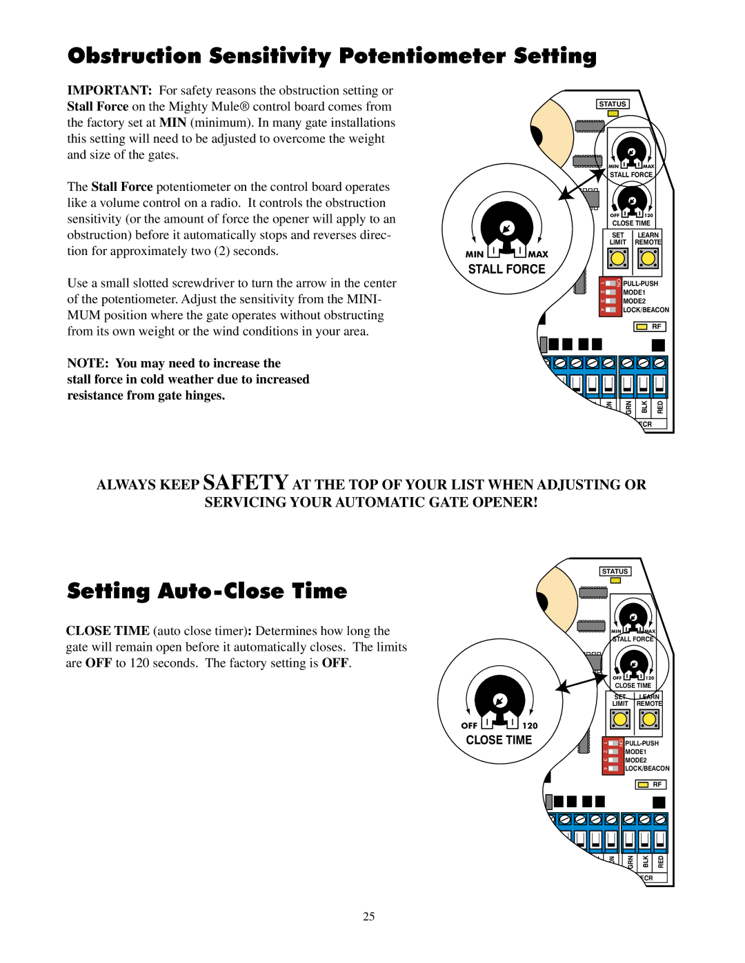 GTO UL325 SERIES installation manual Obstruction Sensitivity Potentiometer Setting, Setting Auto-Close Time 