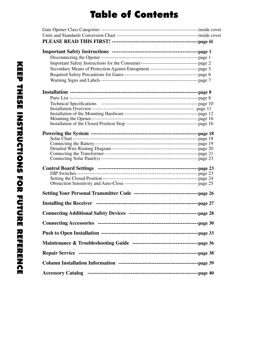 GTO UL325 SERIES installation manual Table of Contents 