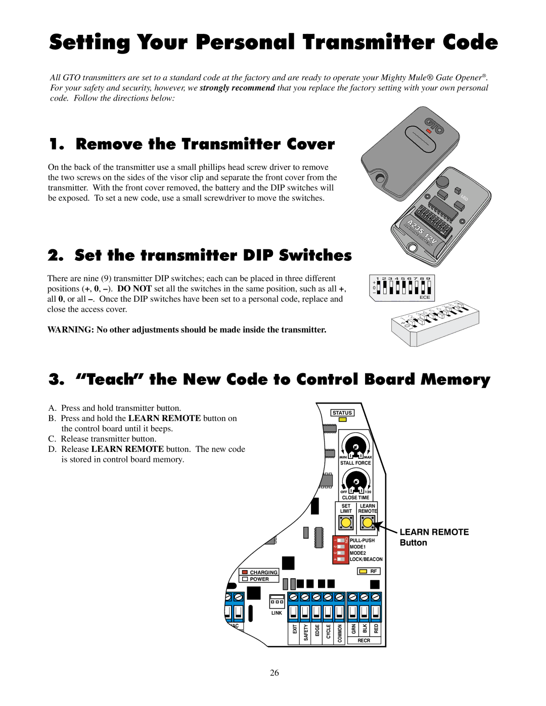 GTO UL325 SERIES installation manual Remove the Transmitter Cover, Set the transmitter DIP Switches 