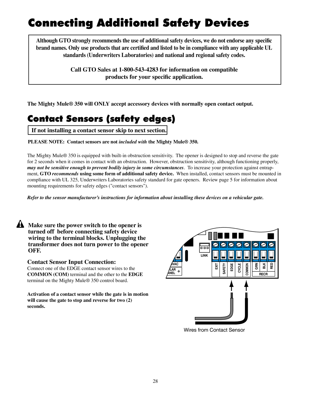 GTO UL325 SERIES installation manual Connecting Additional Safety Devices, Contact Sensors safety edges 