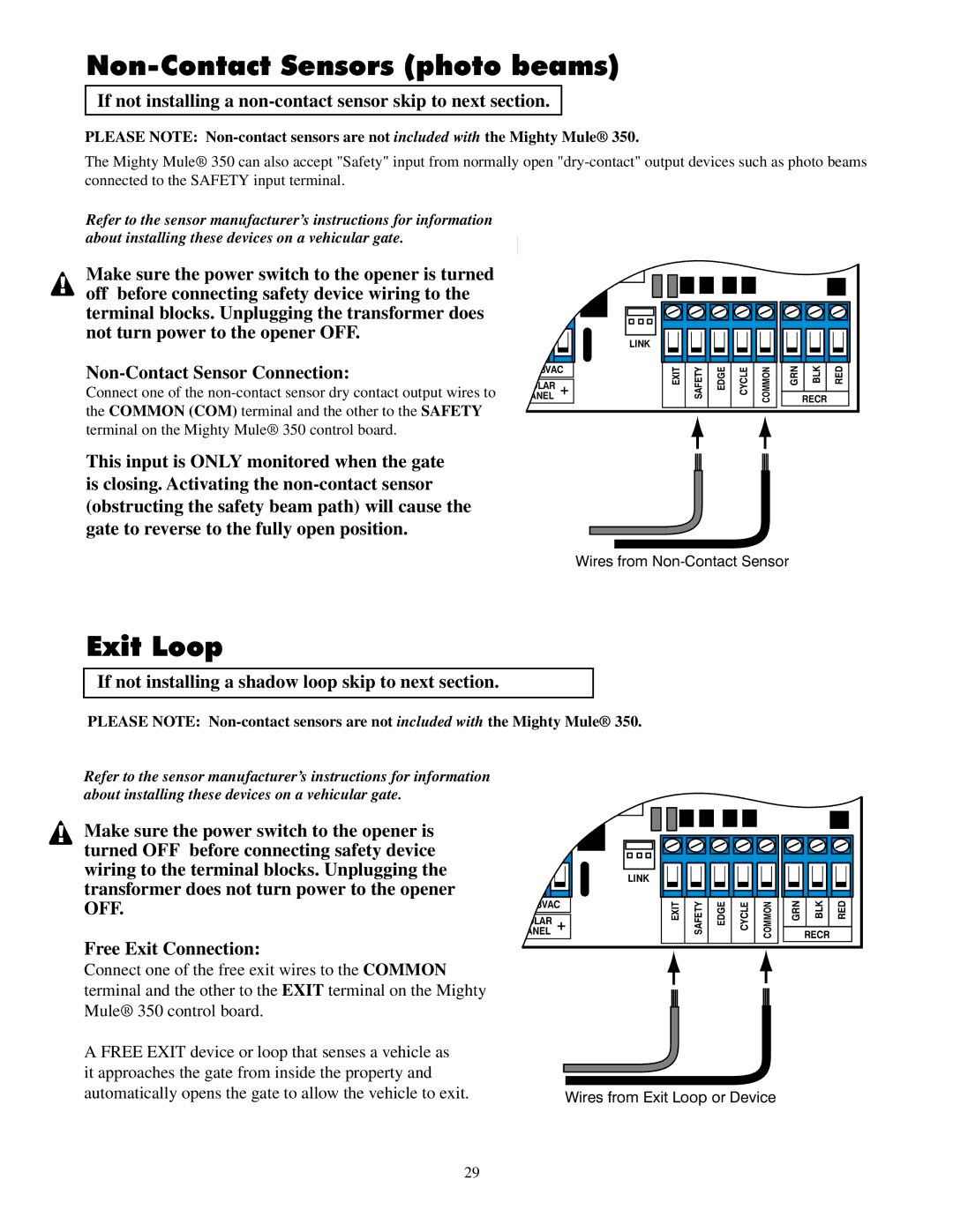 GTO UL325 SERIES Non-Contact Sensors photo beams, Exit Loop, If not installing a non-contact sensor skip to next section 