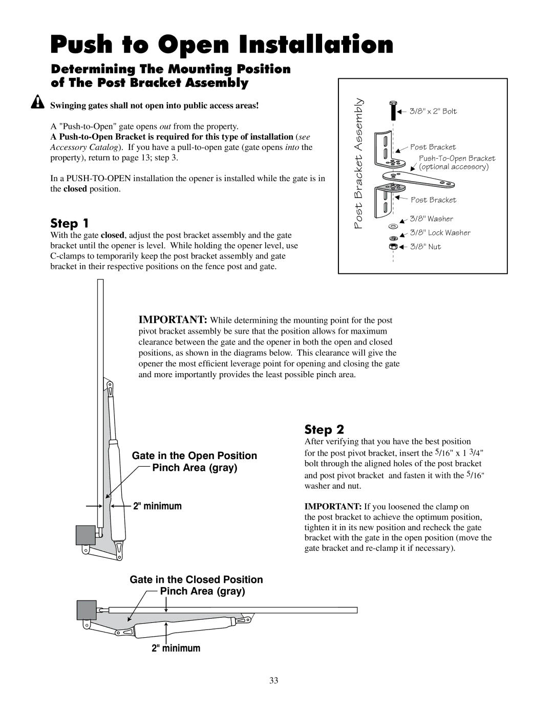 GTO UL325 SERIES installation manual Push to Open Installation, Swinging gates shall not open into public access areas 