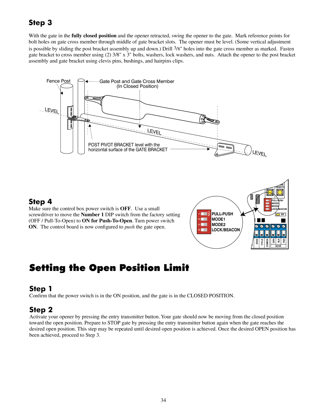 GTO UL325 SERIES installation manual Setting the Open Position Limit, MODE2 LOCK/BEACON 