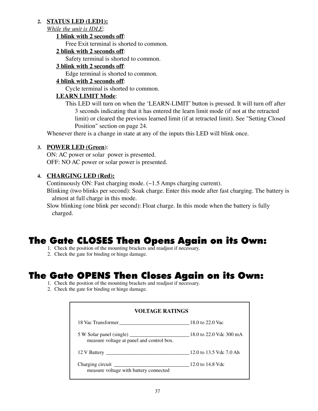 GTO UL325 SERIES Gate Closes Then Opens Again on its Own, Gate Opens Then Closes Again on its Own, Power LED Green 