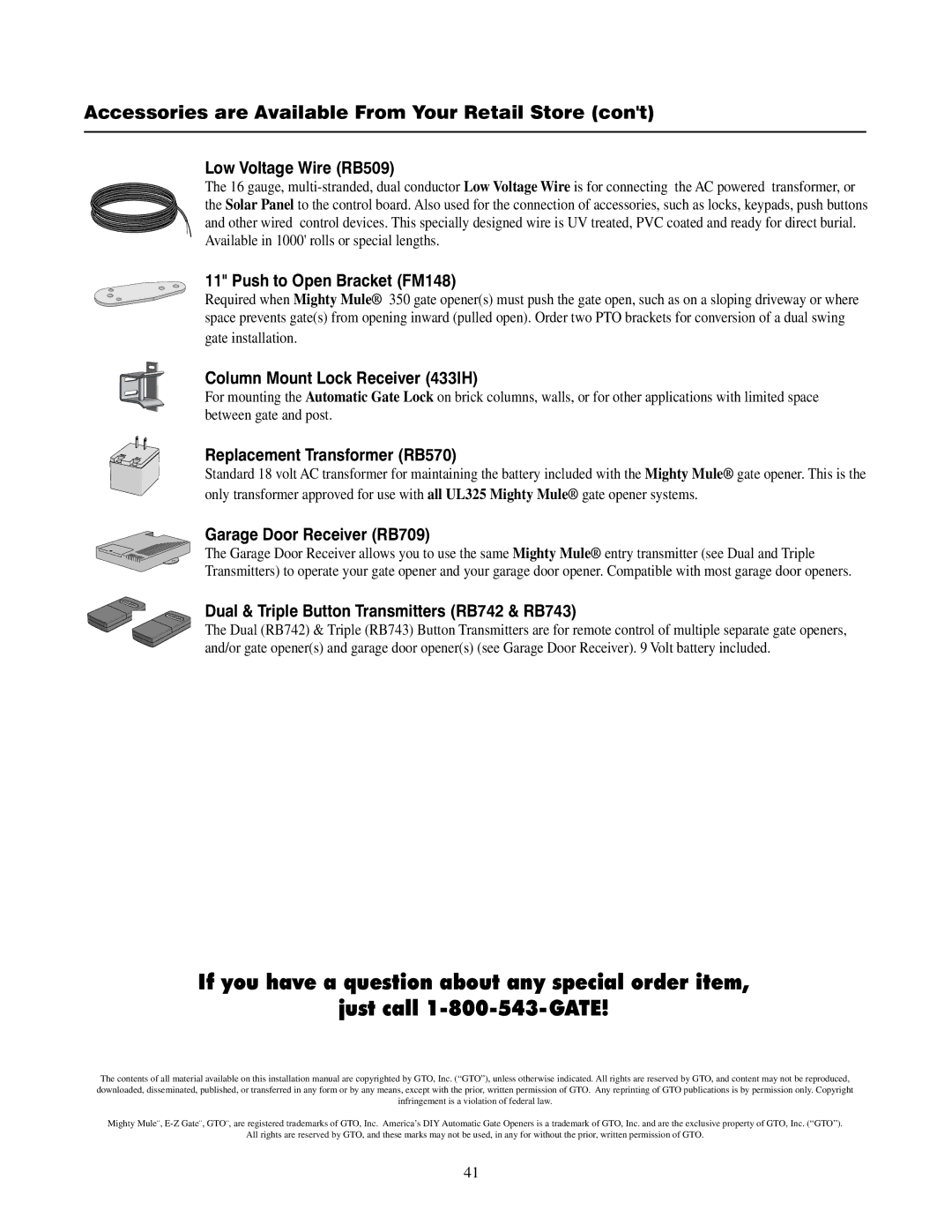 GTO UL325 SERIES installation manual Low Voltage Wire RB509 