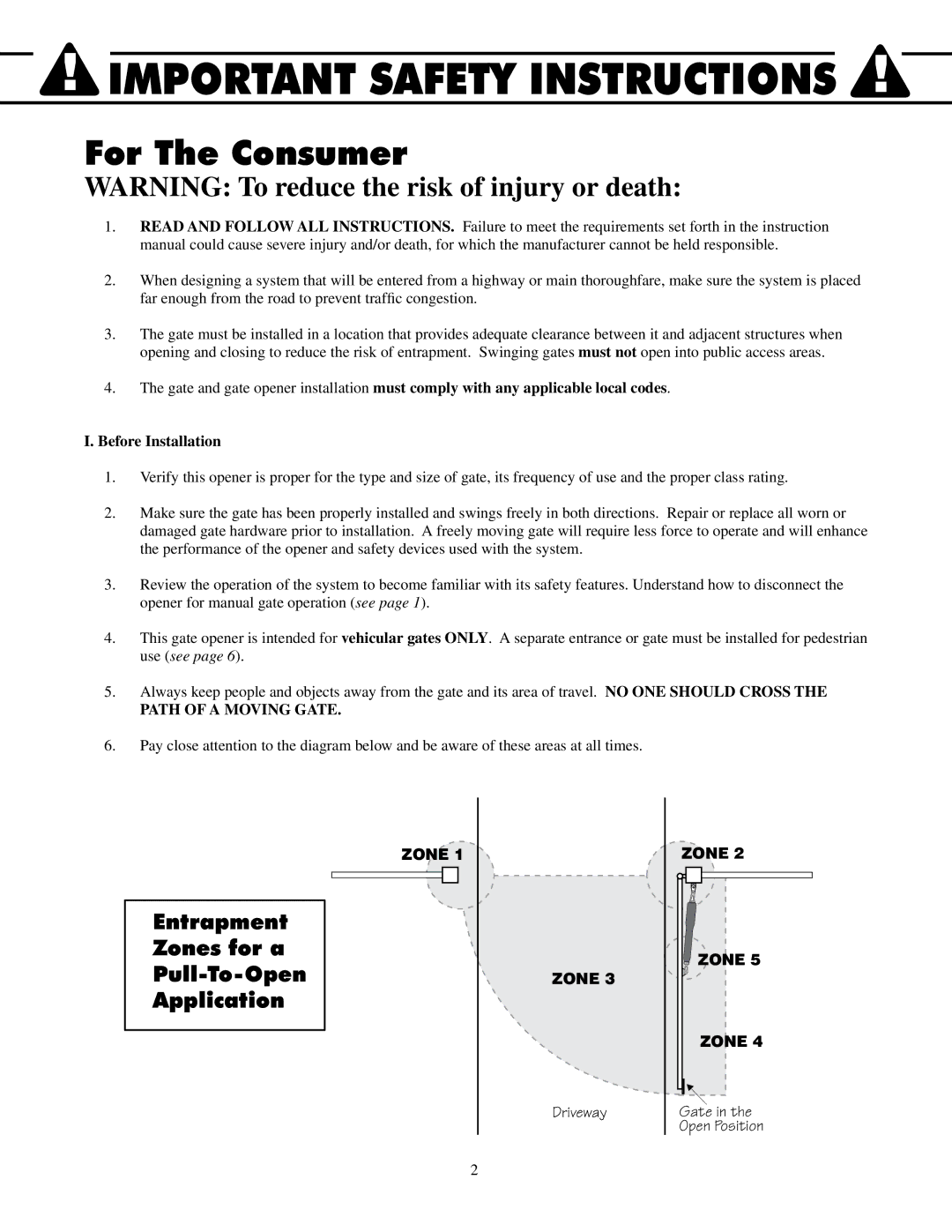 GTO UL325 SERIES installation manual For The Consumer, Entrapment Zones for a Pull-To-Open Application 