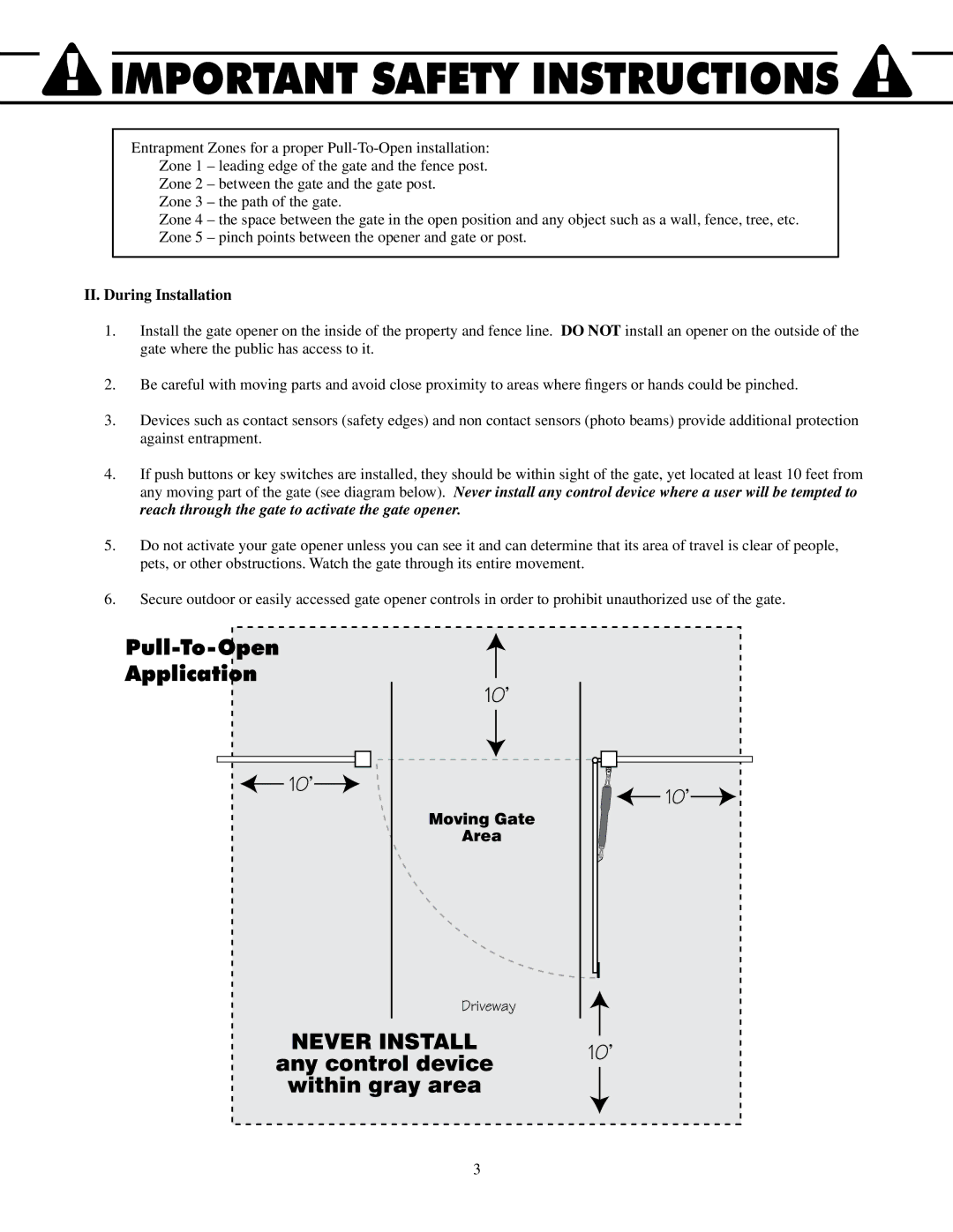 GTO UL325 SERIES installation manual Pull-To-Open Application, Any control device Within gray area, II. During Installation 