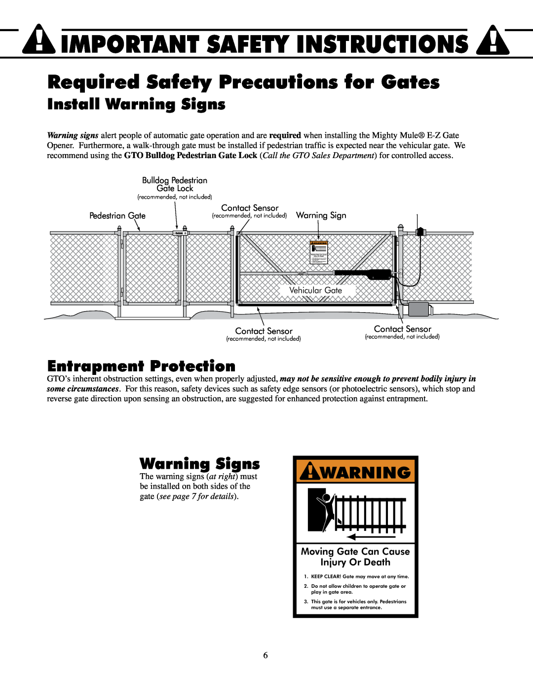 GTO UL325 SERIES installation manual Required Safety Precautions for Gates, Install Warning Signs, Entrapment Protection 