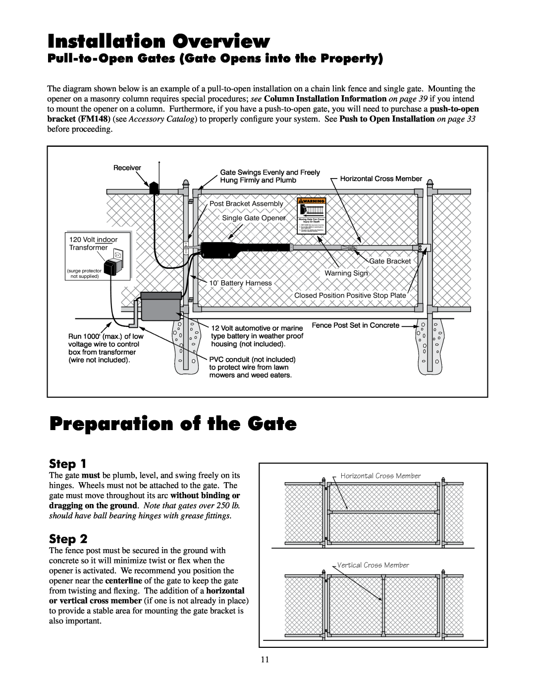 GTO UL325 SERIES Installation Overview, Preparation of the Gate, Pull-to-Open Gates Gate Opens into the Property, Step 