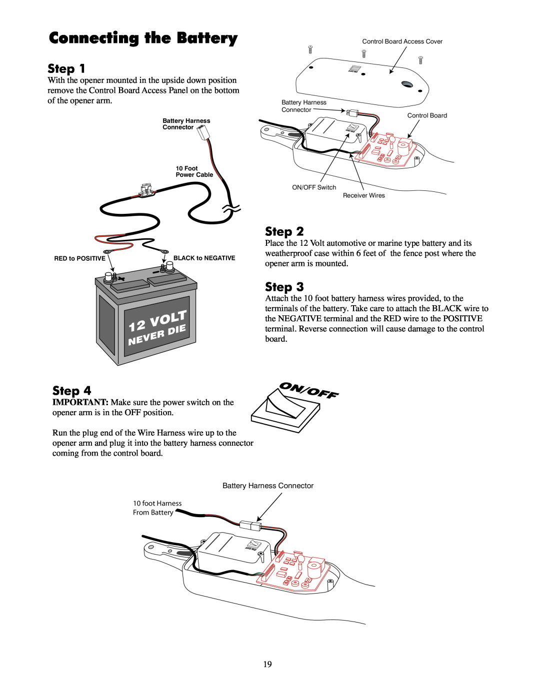 GTO UL325 SERIES installation manual Connecting the Battery, Step, On/Off 
