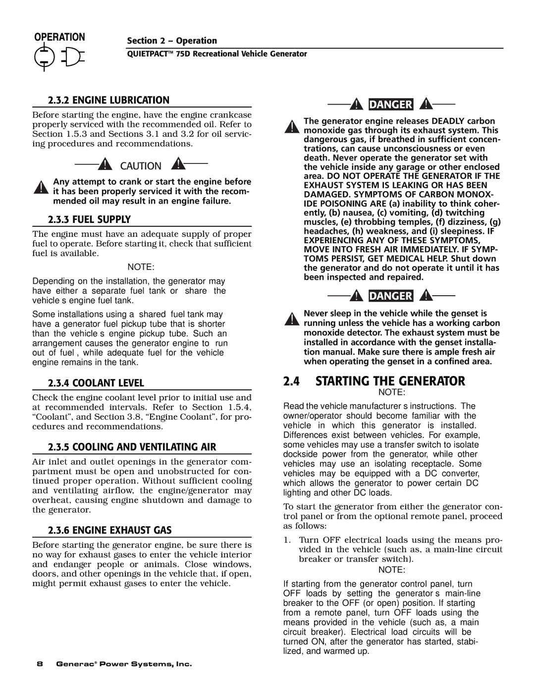 Guardian Technologies 004270-2 owner manual Starting the Generator 