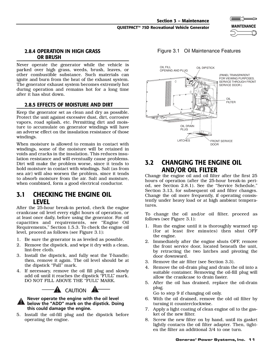 Guardian Technologies 004270-2 owner manual Checking the Engine OIL Level, Changing the Engine OIL AND/OR OIL Filter 