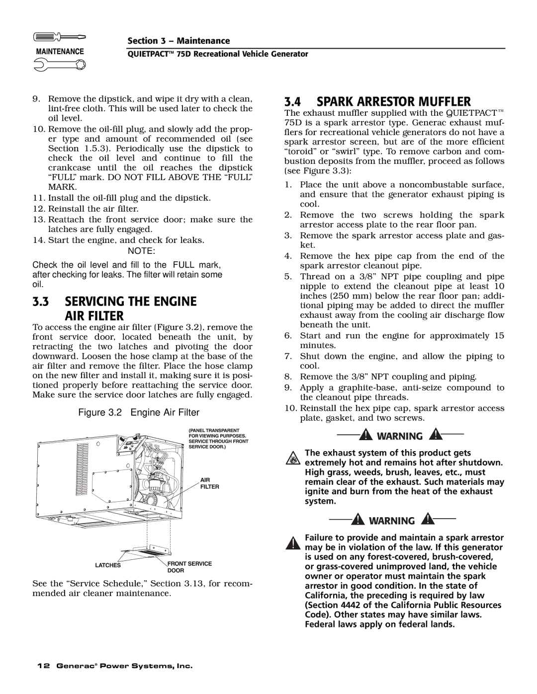 Guardian Technologies 004270-2 owner manual Servicing the Engine AIR Filter, Spark Arrestor Muffler 