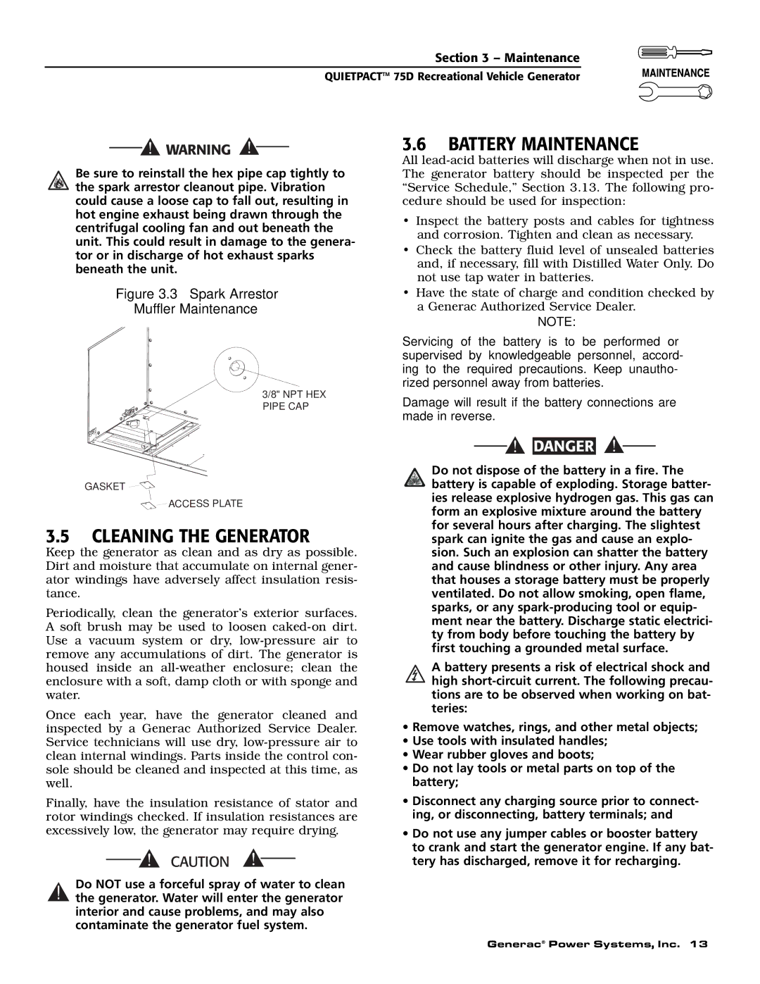 Guardian Technologies 004270-2 owner manual Cleaning the Generator, Battery Maintenance 