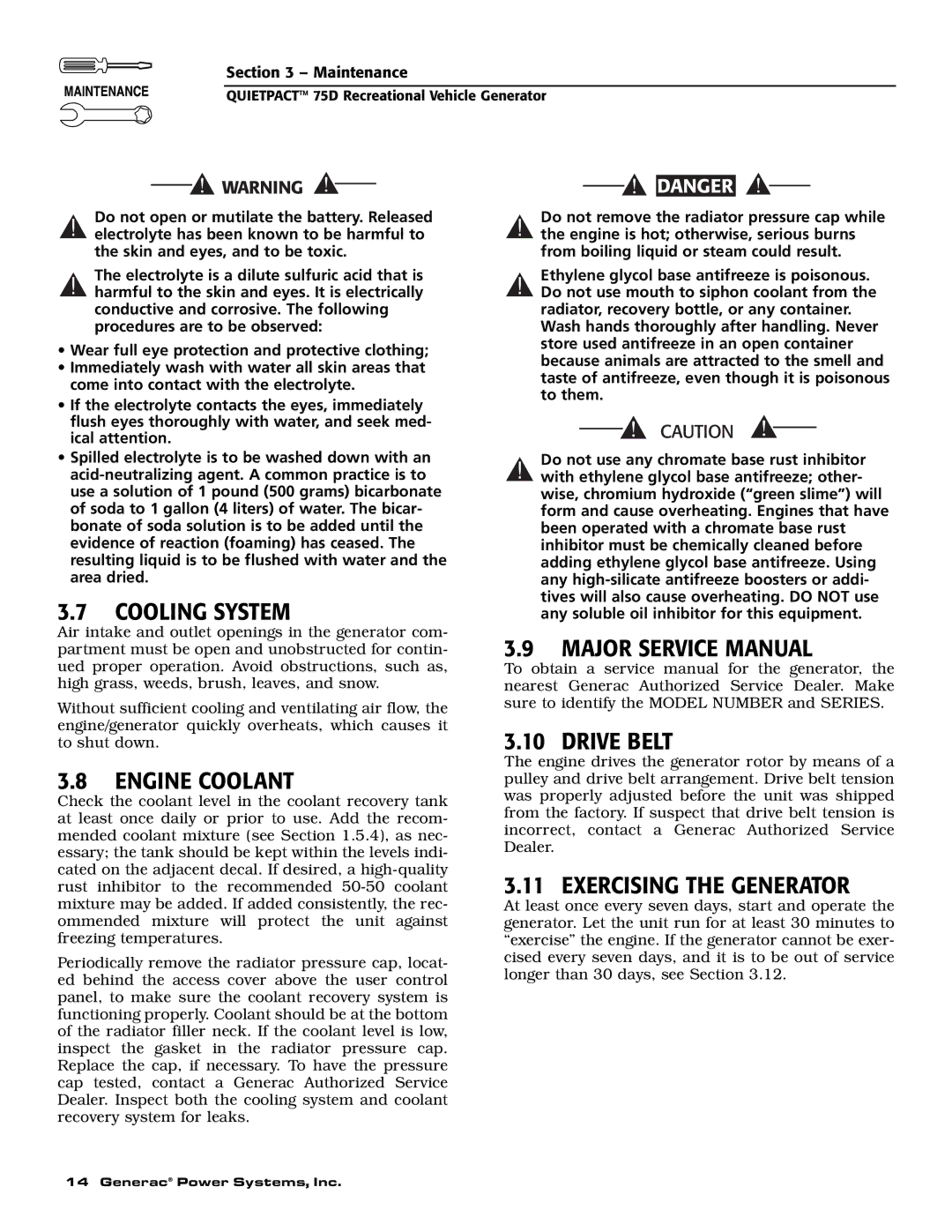 Guardian Technologies 004270-2 owner manual Cooling System, Engine Coolant, Drive Belt, Exercising the Generator 