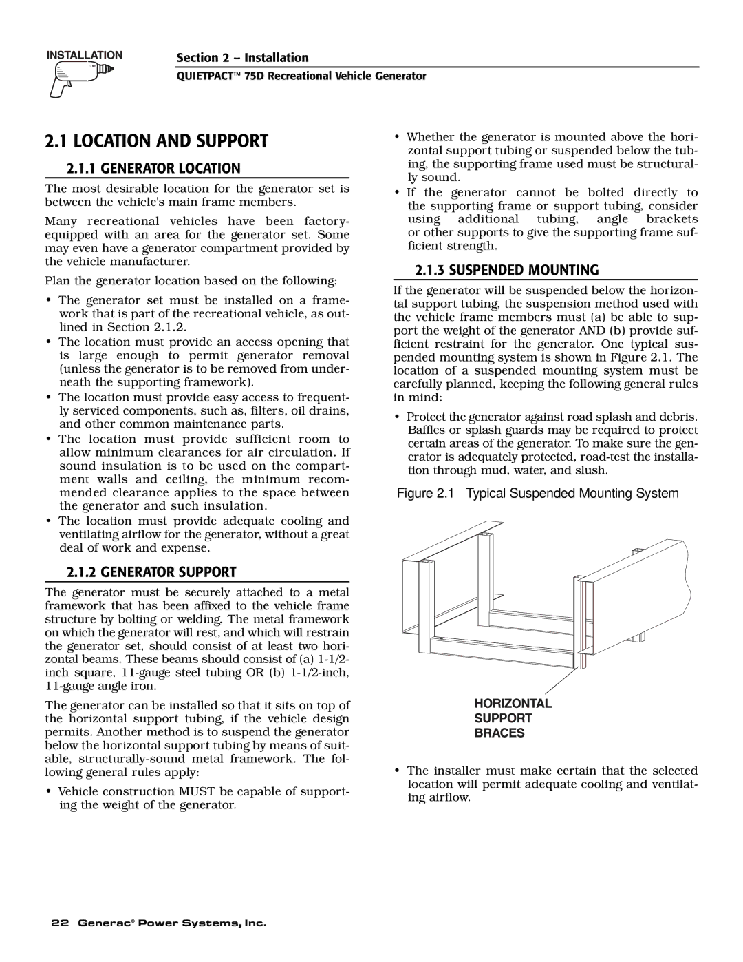 Guardian Technologies 004270-2 owner manual Location and Support, Generator Location, Generator Support, Suspended Mounting 