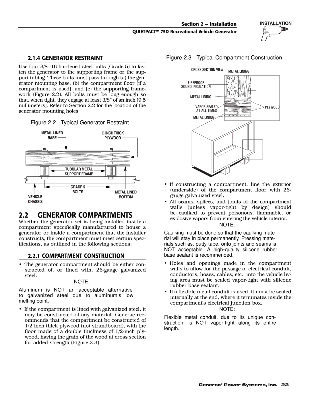 Guardian Technologies 004270-2 owner manual Generator Compartments, Generator Restraint, Compartment Construction 