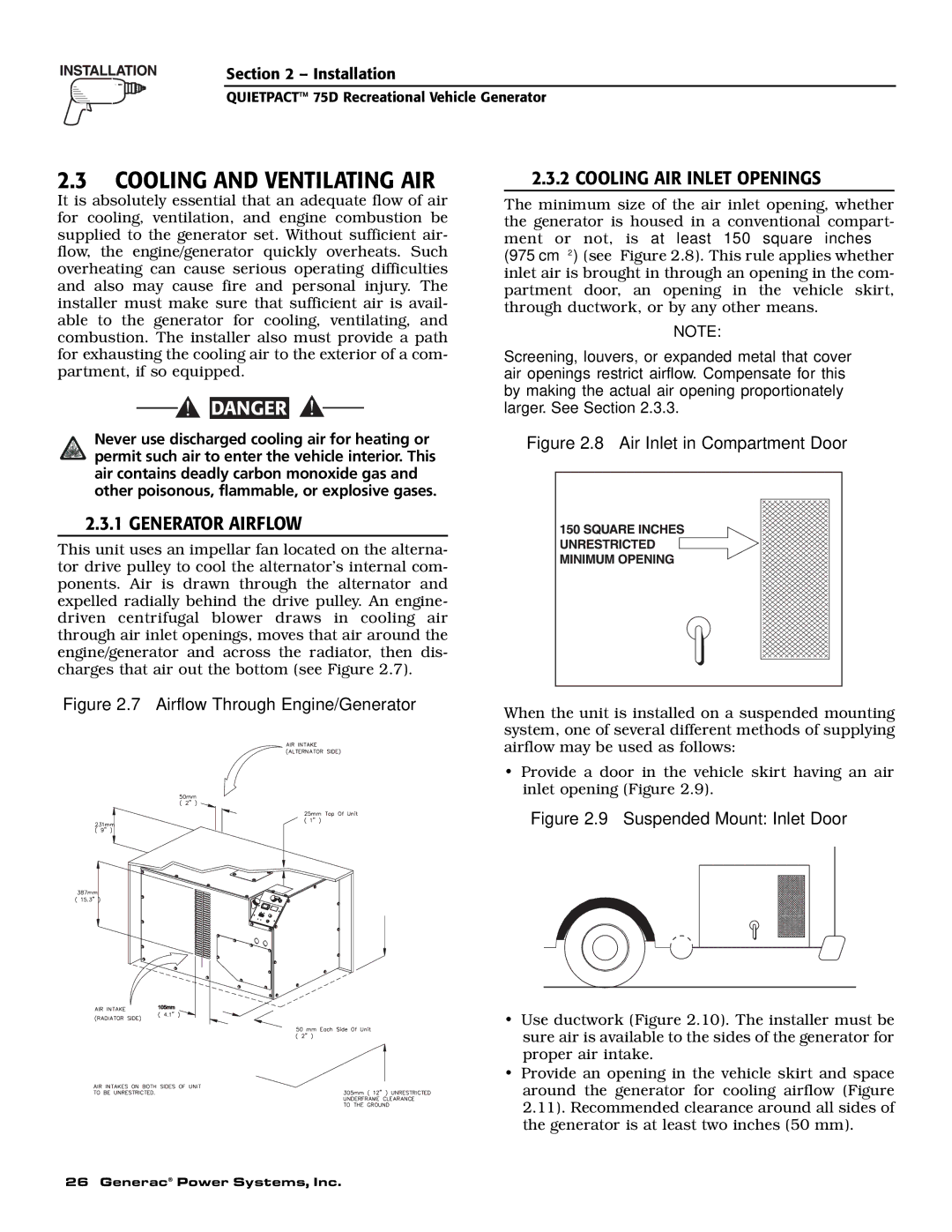 Guardian Technologies 004270-2 owner manual Cooling and Ventilating AIR, Cooling AIR Inlet Openings, Generator Airflow 