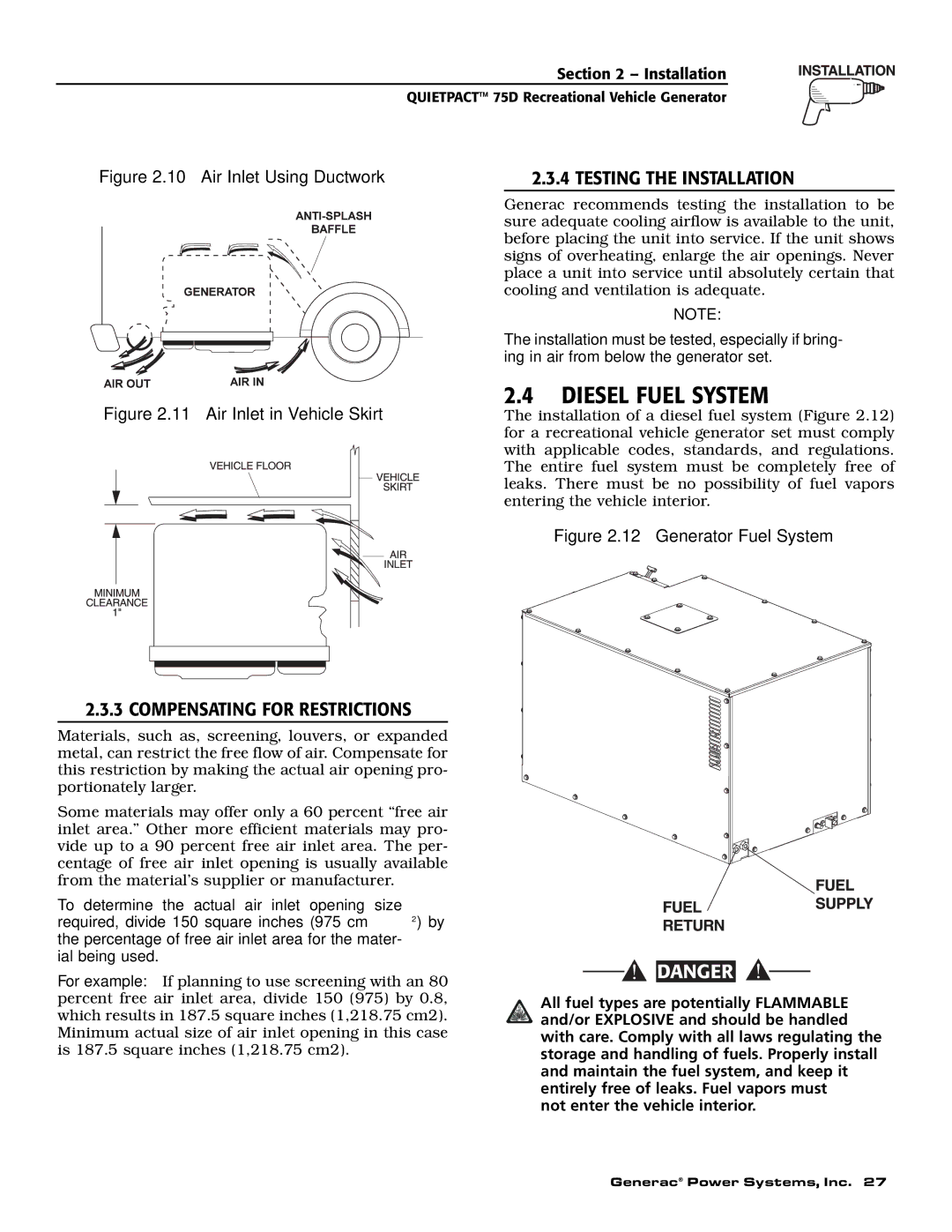 Guardian Technologies 004270-2 owner manual Diesel Fuel System, Testing the Installation, Compensating for Restrictions 