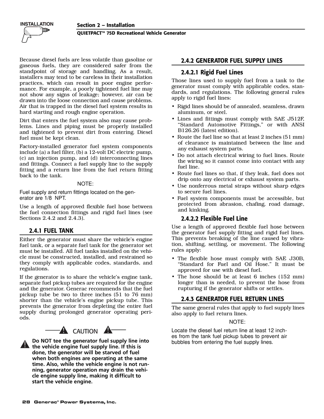 Guardian Technologies 004270-2 owner manual Fuel Tank, Generator Fuel Supply Lines, Generator Fuel Return Lines 