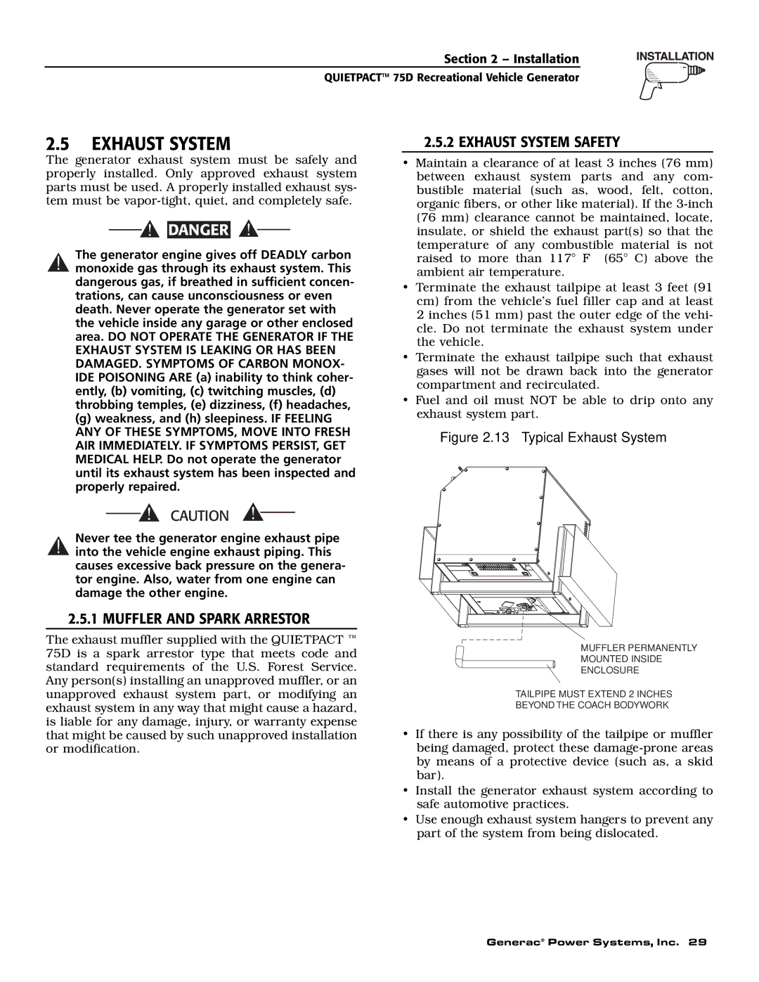 Guardian Technologies 004270-2 owner manual Exhaust System Safety, Muffler and Spark Arrestor 