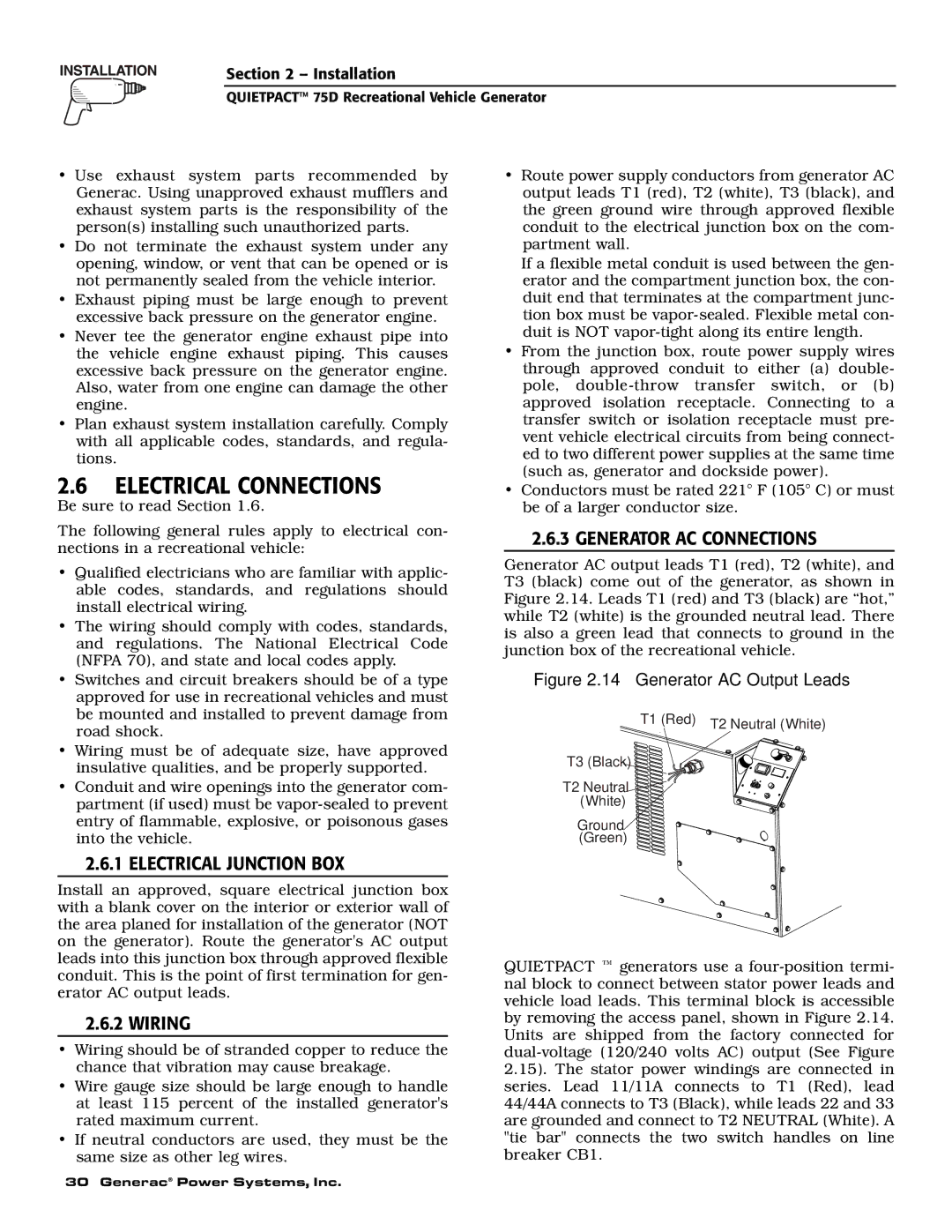 Guardian Technologies 004270-2 Electrical Connections, Electrical Junction BOX, Wiring, Generator AC Connections 