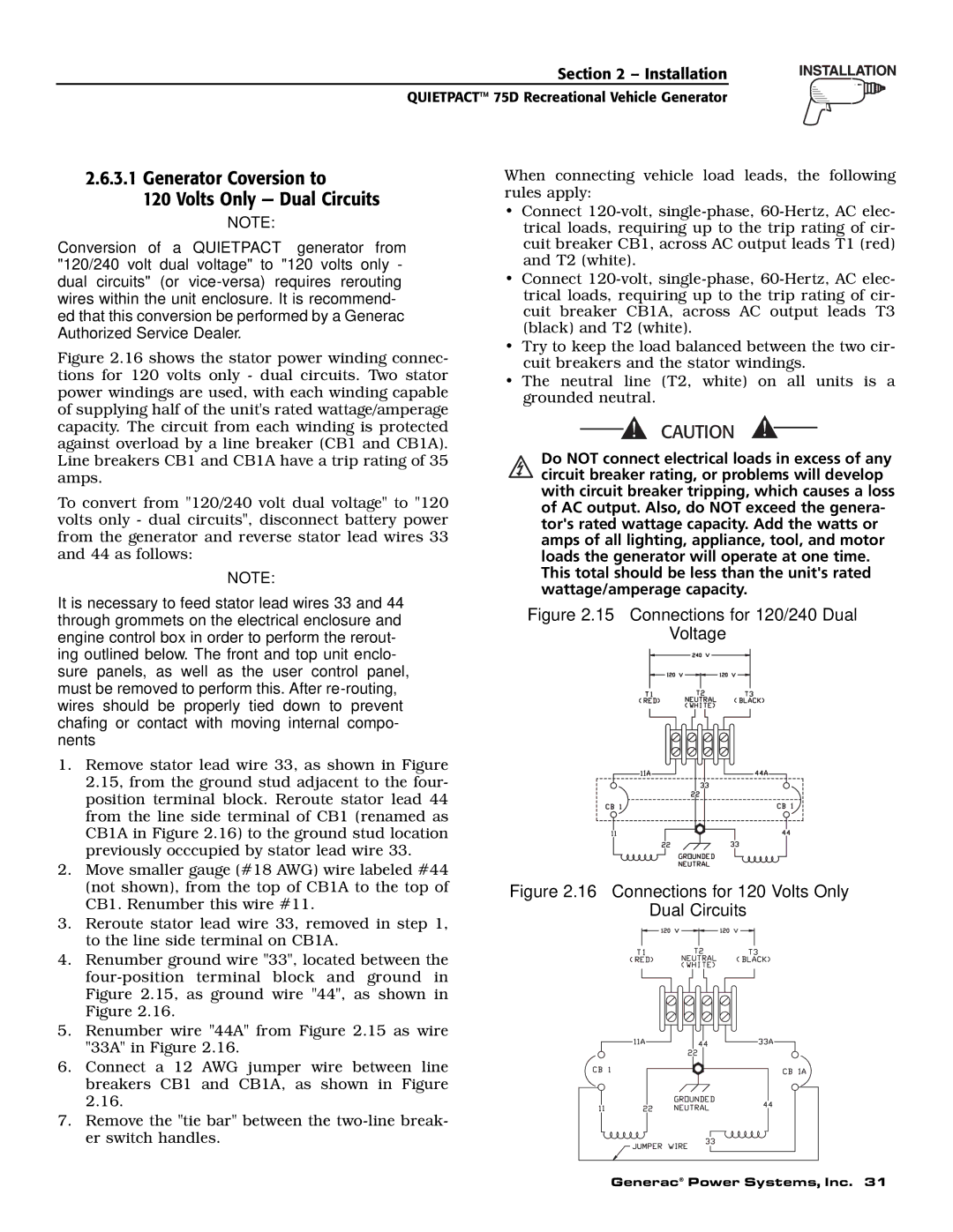 Guardian Technologies 004270-2 owner manual Generator Coversion to, Volts Only Dual Circuits 