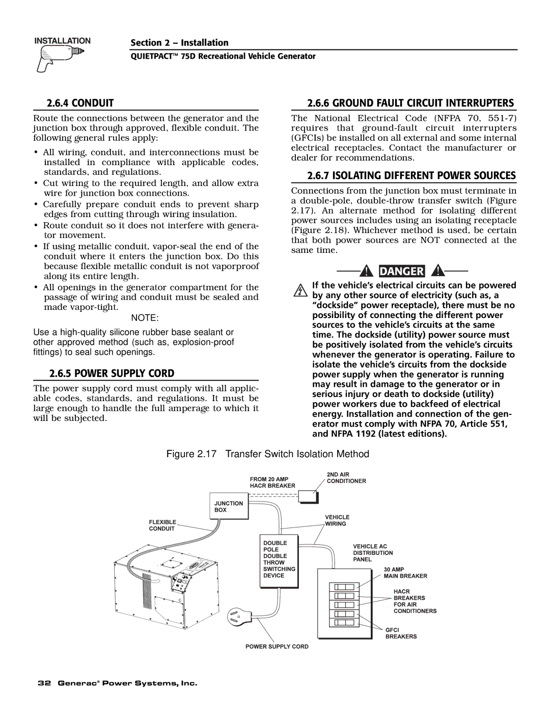 Guardian Technologies 004270-2 owner manual Conduit, Power Supply Cord, Isolating Different Power Sources 