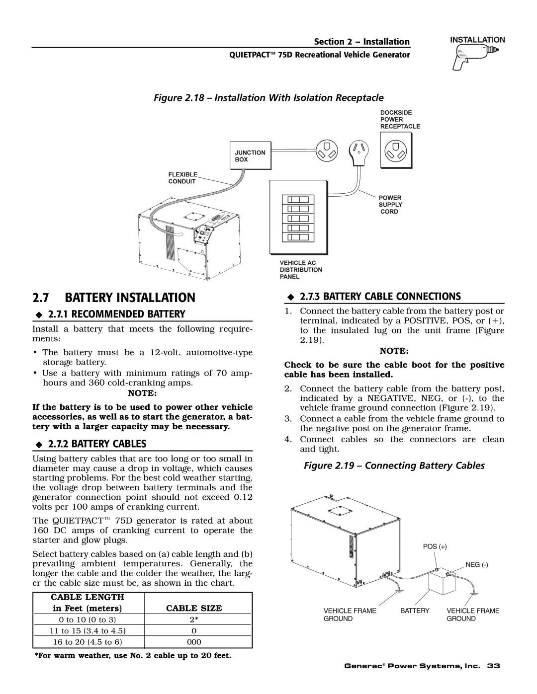 Guardian Technologies 004270-2 Battery Installation, Recommended Battery, Battery Cables, Battery Cable Connections 