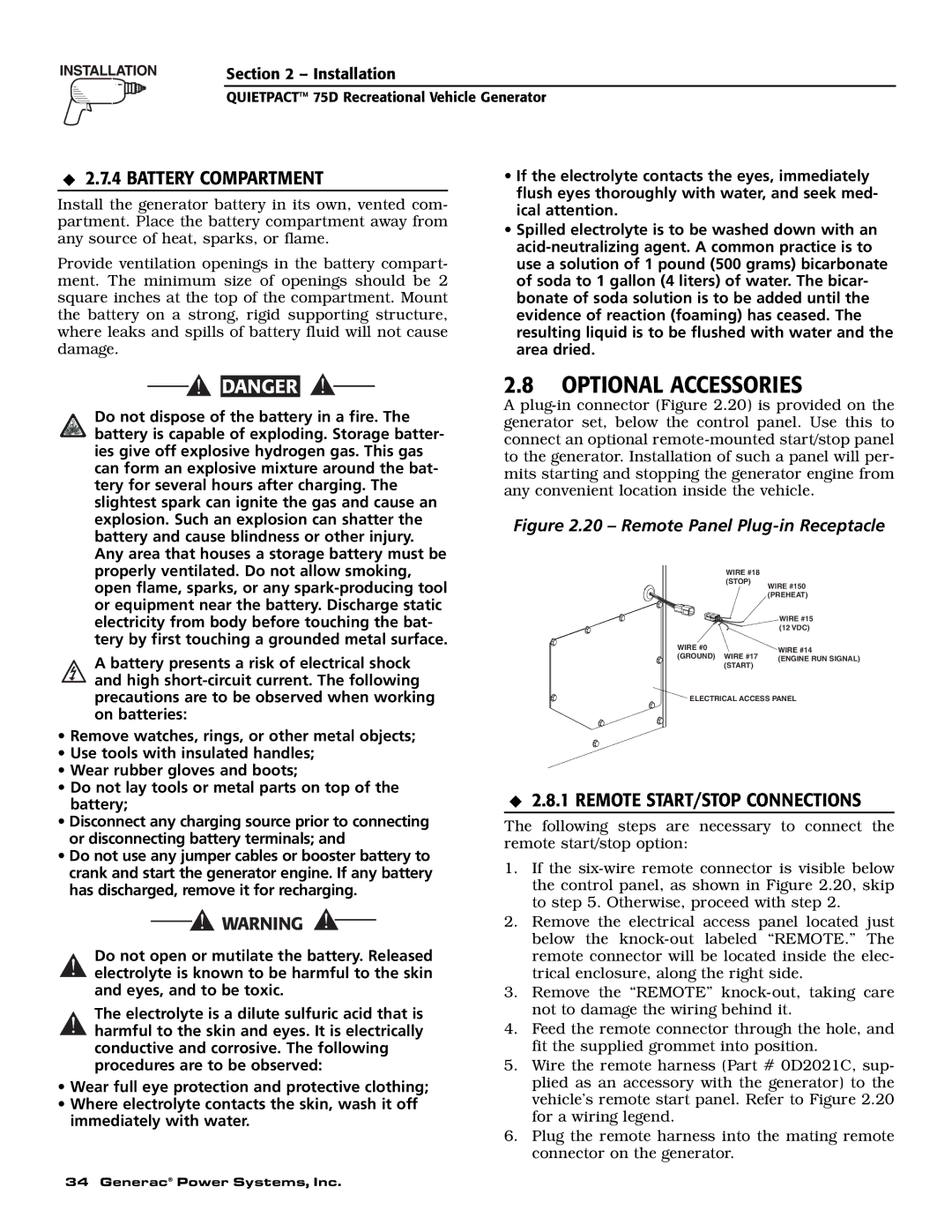 Guardian Technologies 004270-2 owner manual Optional Accessories, Battery Compartment, Remote START/STOP Connections 